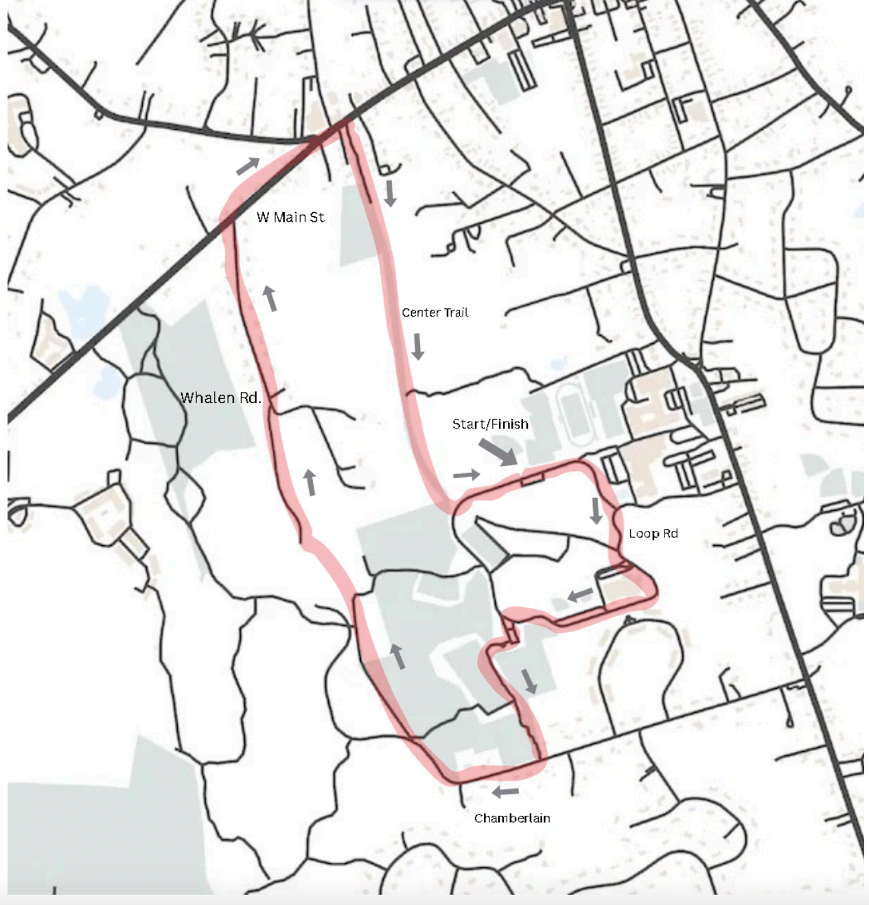 Hopkinton Turkey Trot course map showing the 10K and mile loop routes through W Main St, Whalen Rd, Center Trail, Loop Rd, and Chamberlain with Start/Finish marked